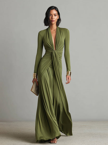 Abito Maxi in Seta Verde Oliva con Scollo a V