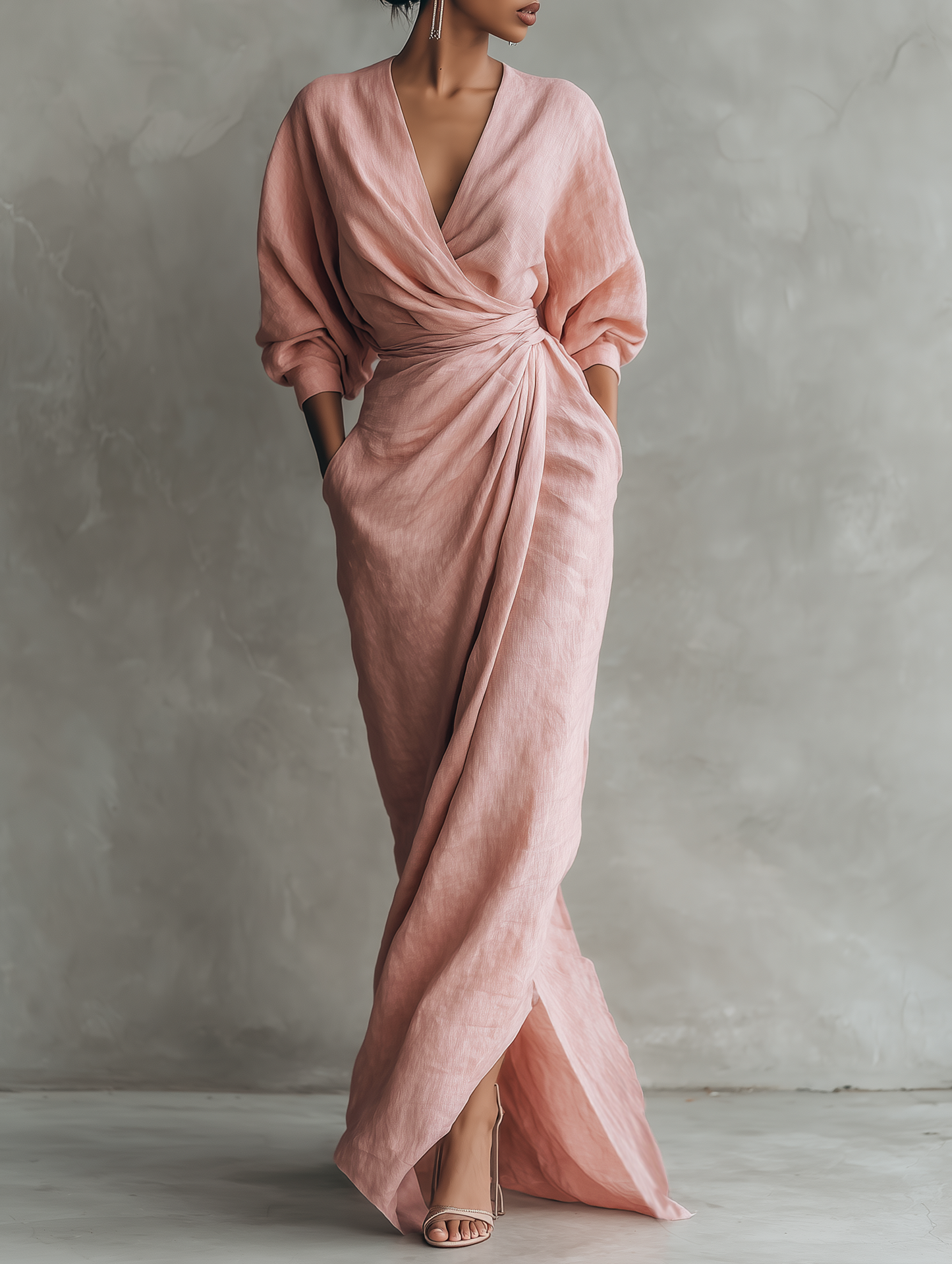 Abito Maxi in Lino Rosa con Scollo a V