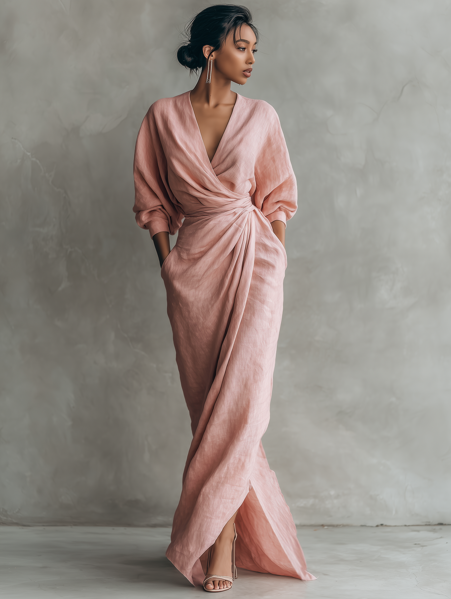 Abito Maxi in Lino Rosa con Scollo a V