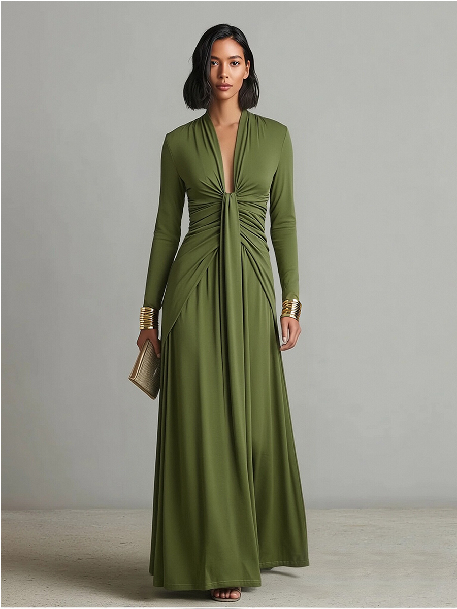 Abito Maxi in Seta Verde Oliva con Scollo a V