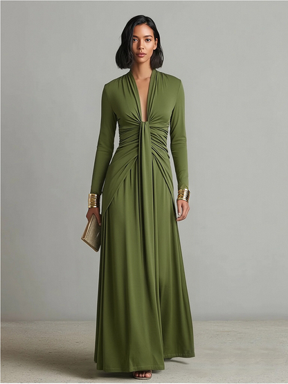 Abito Maxi in Seta Verde Oliva con Scollo a V