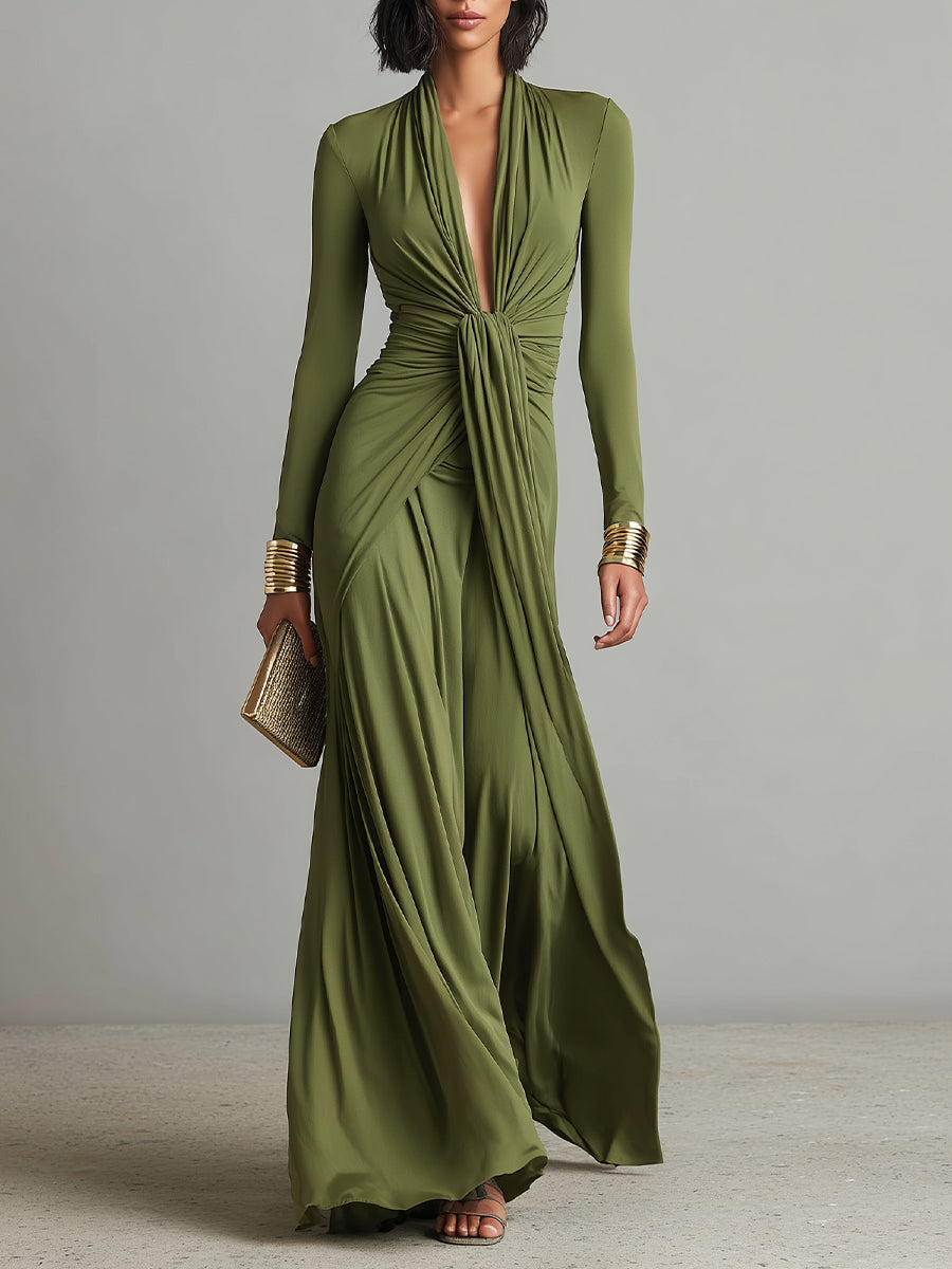 Abito Maxi in Seta Verde Oliva con Scollo a V