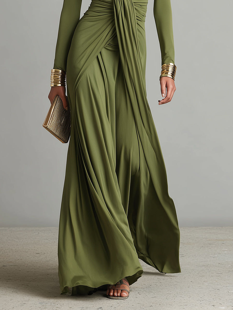 Abito Maxi in Seta Verde Oliva con Scollo a V