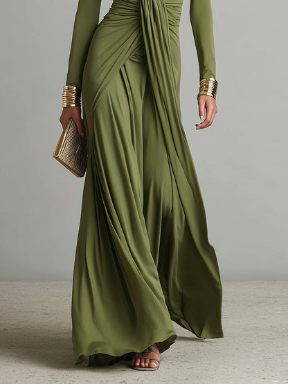 Abito Maxi in Seta Verde Oliva con Scollo a V