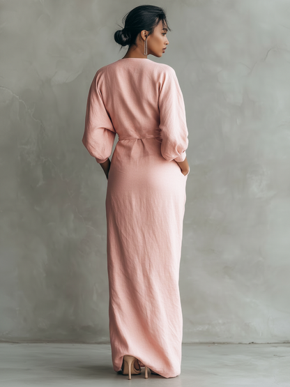 Abito Maxi in Lino Rosa con Scollo a V