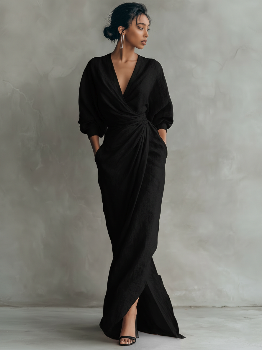 Abito Maxi in Lino Rosa con Scollo a V