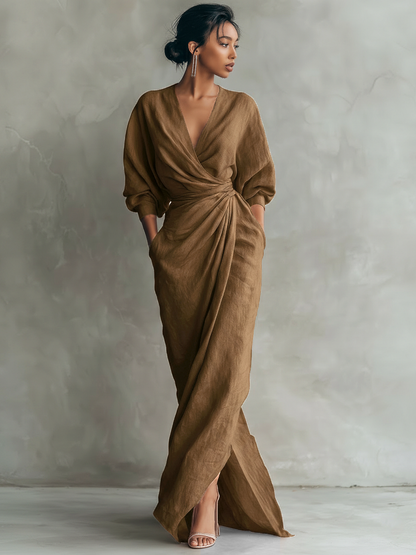 Abito Maxi in Lino Rosa con Scollo a V