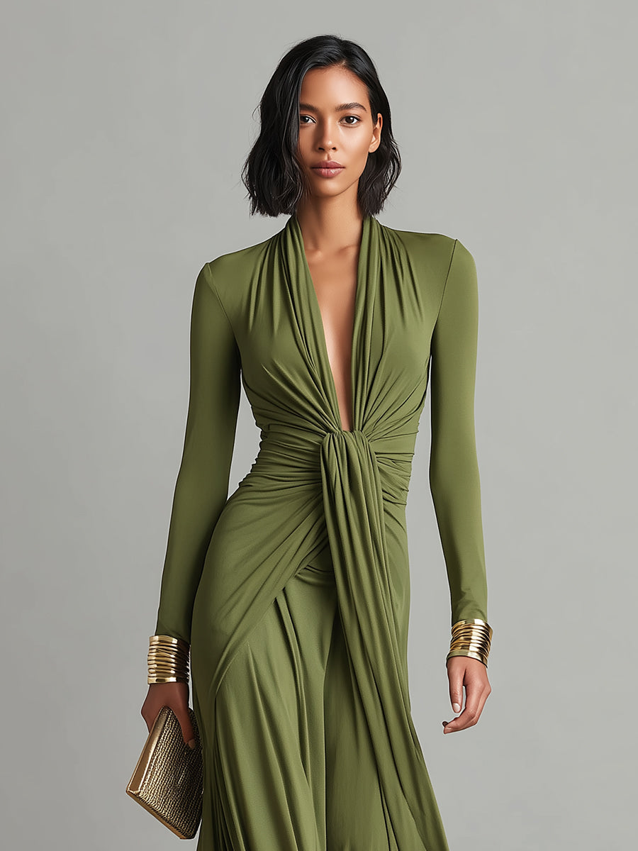 Abito Maxi in Seta Verde Oliva con Scollo a V
