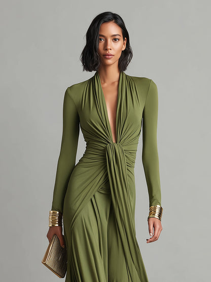 Abito Maxi in Seta Verde Oliva con Scollo a V