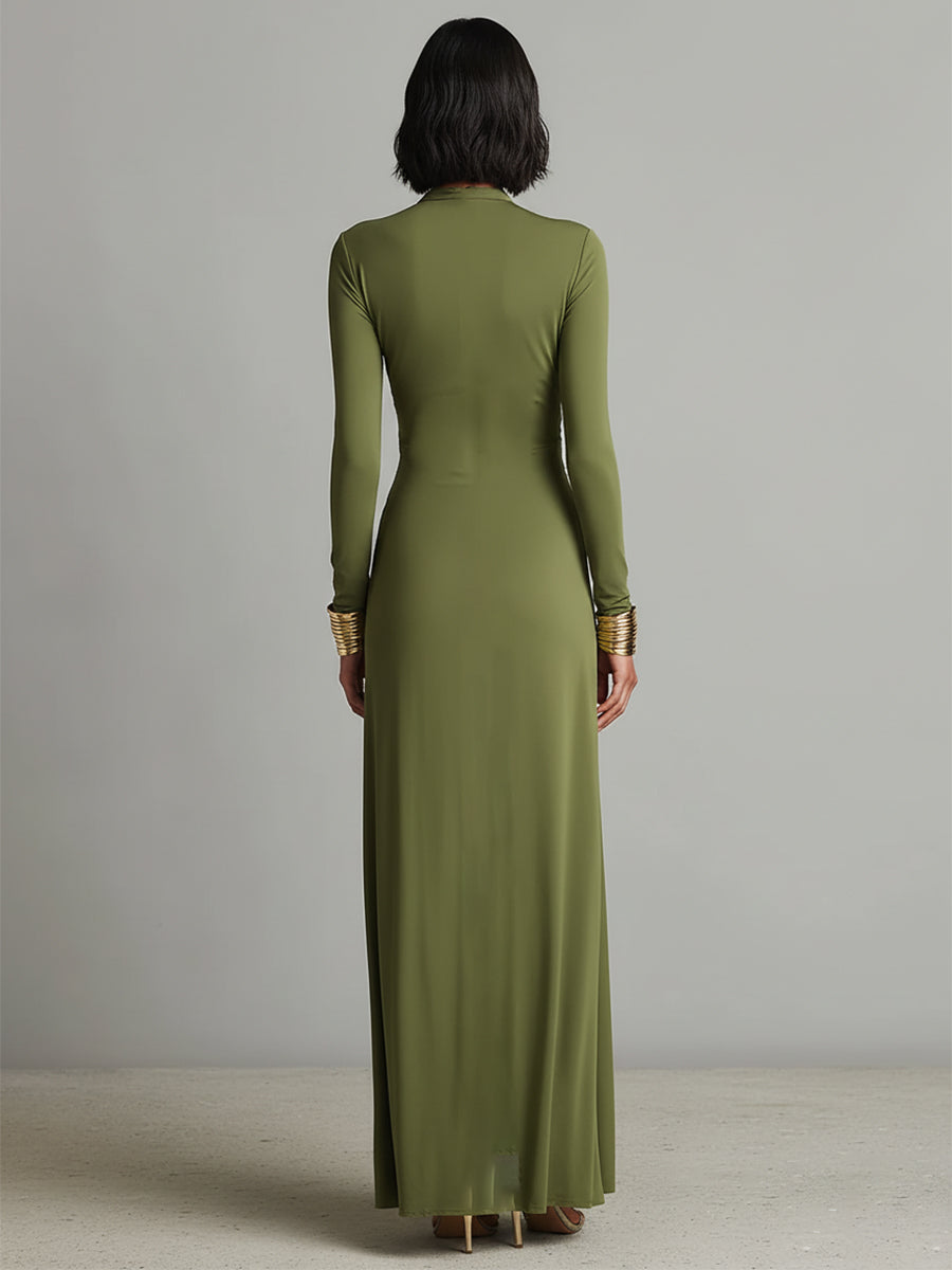 Abito Maxi in Seta Verde Oliva con Scollo a V